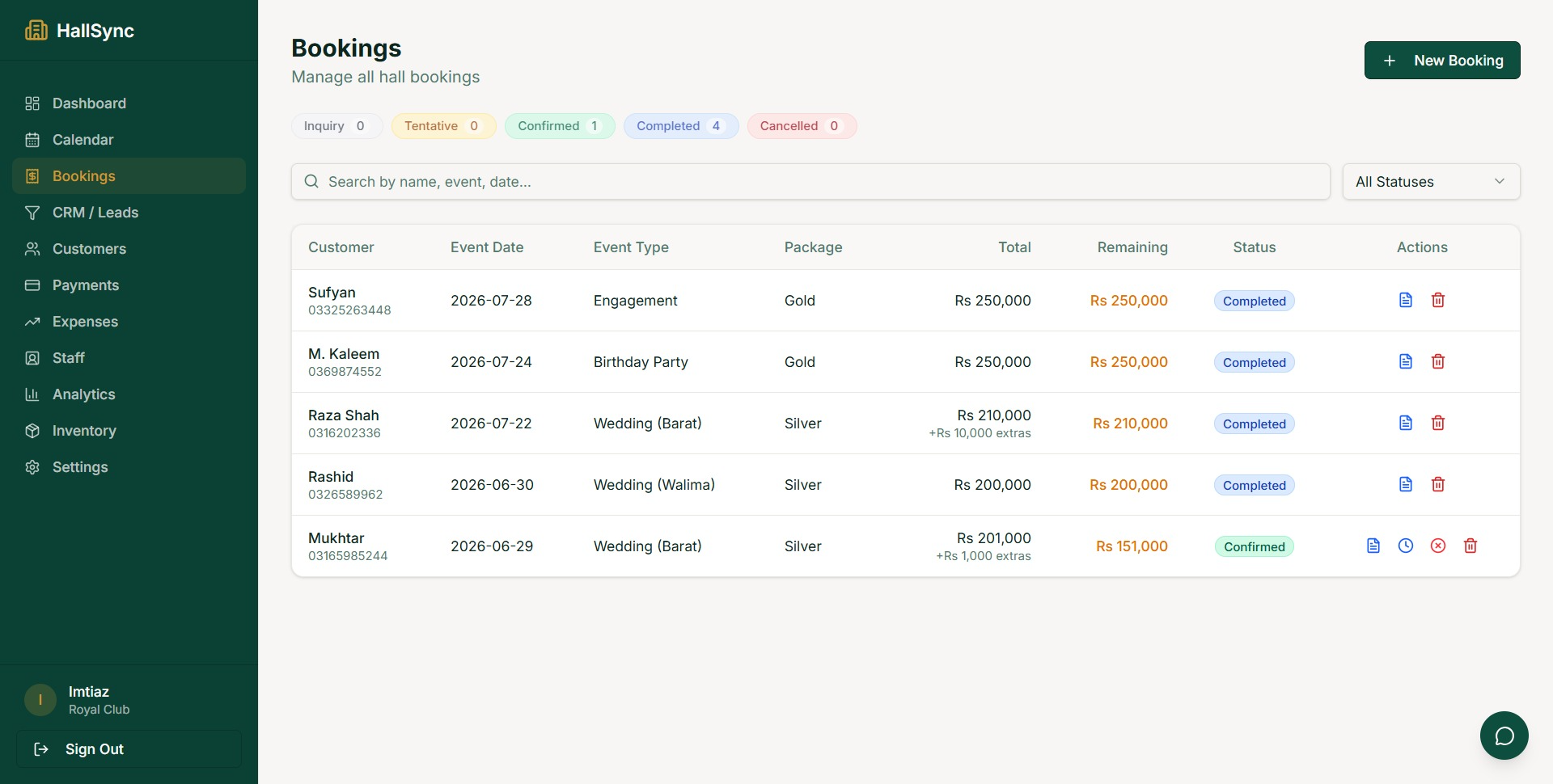 HallSync bookings management screen