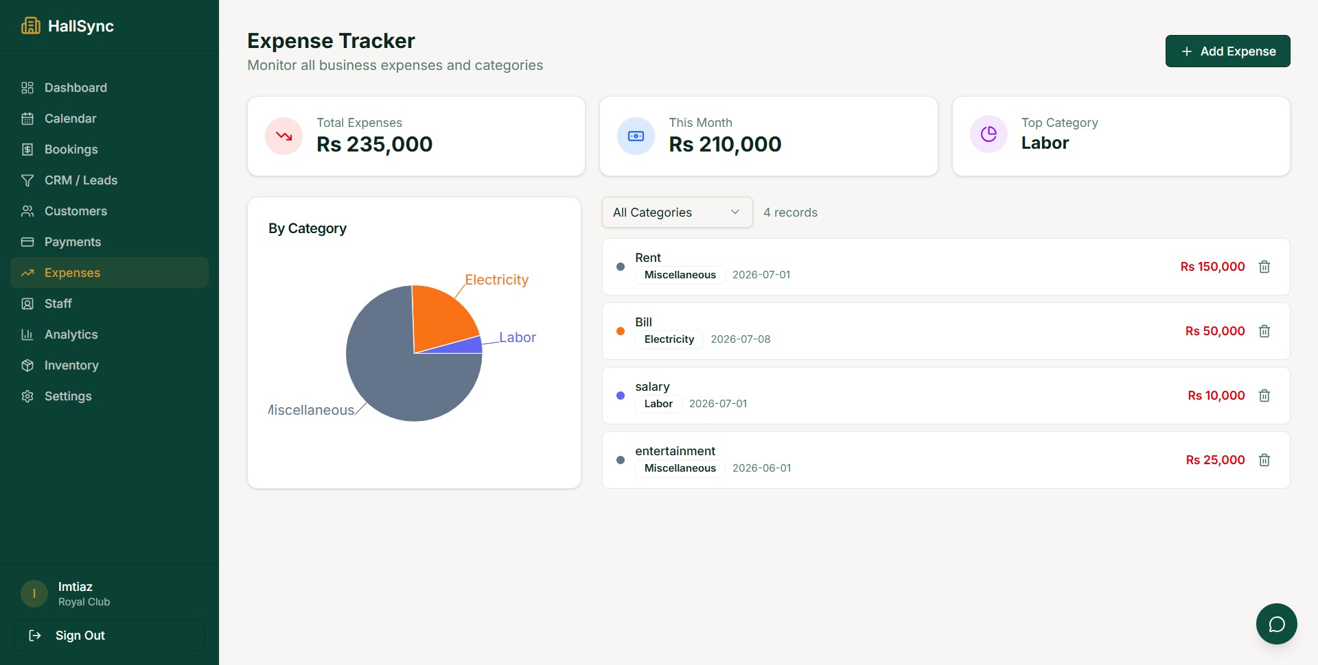 HallSync expense tracker screen
