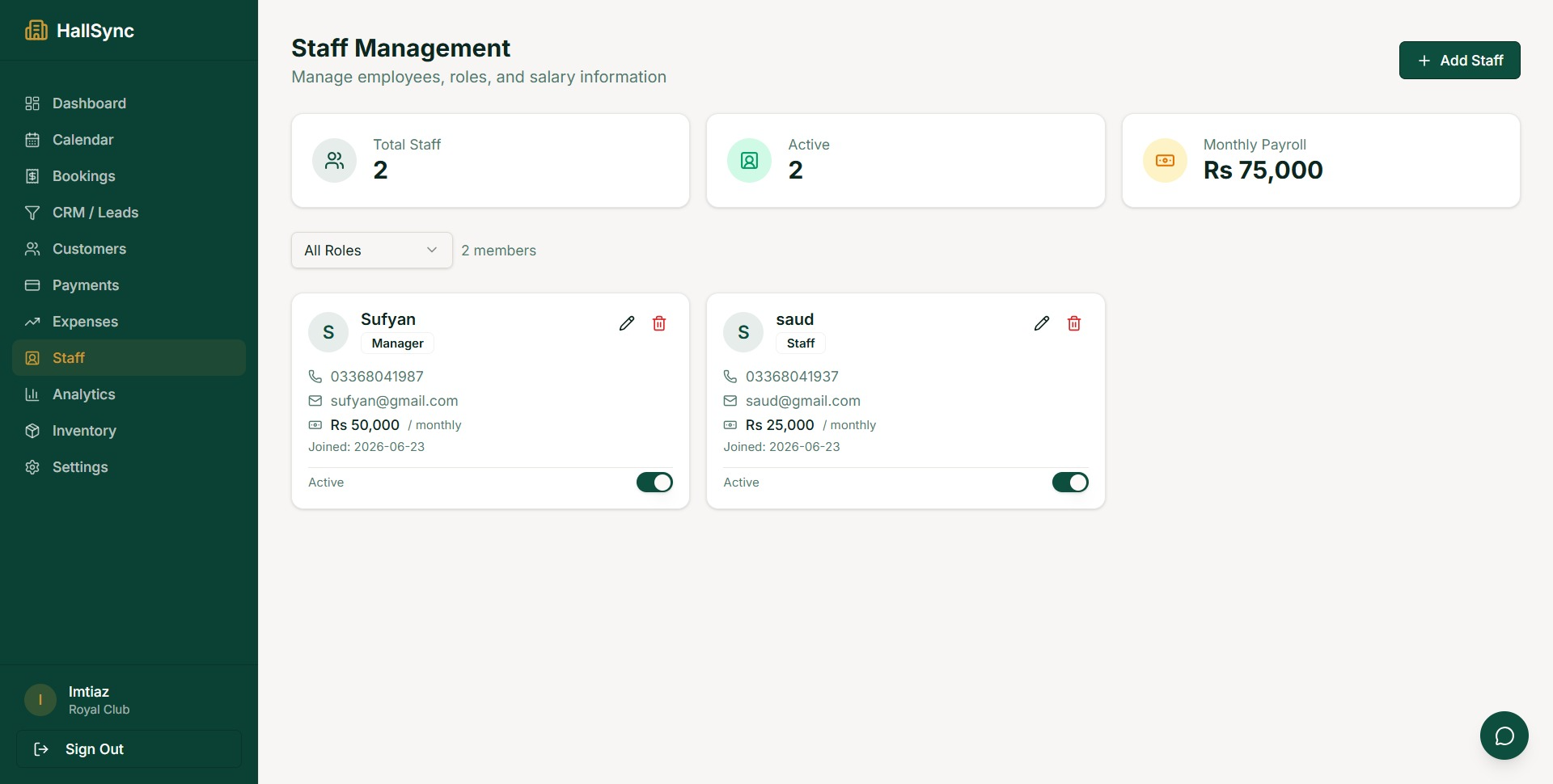 HallSync staff management screen